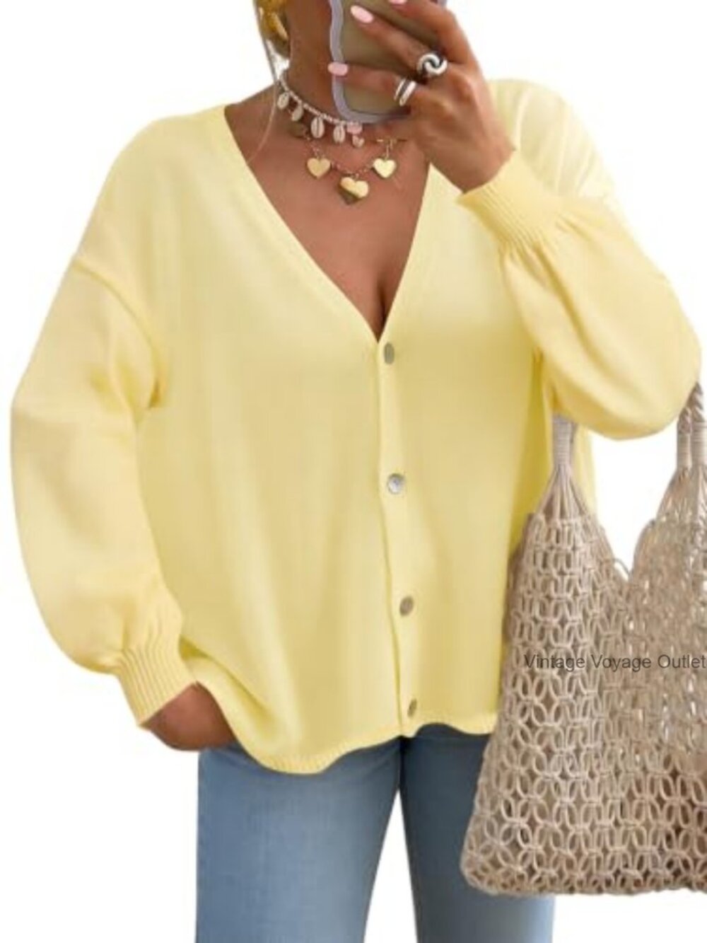 Womens Oversized Lantern Sleeve Button Down Knit Cardigan Sweater